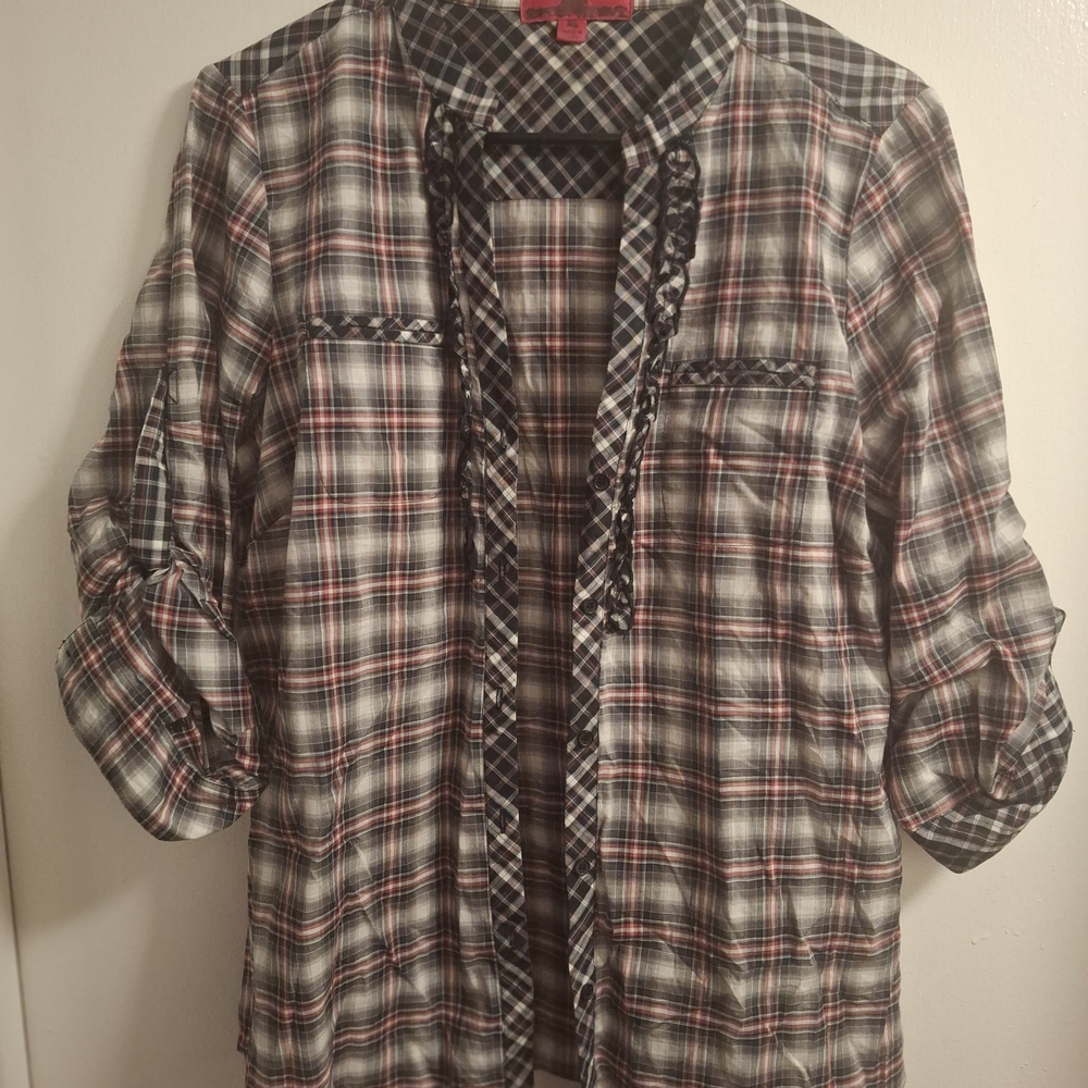 Plaid Button-Up Shirt with Lace Trim